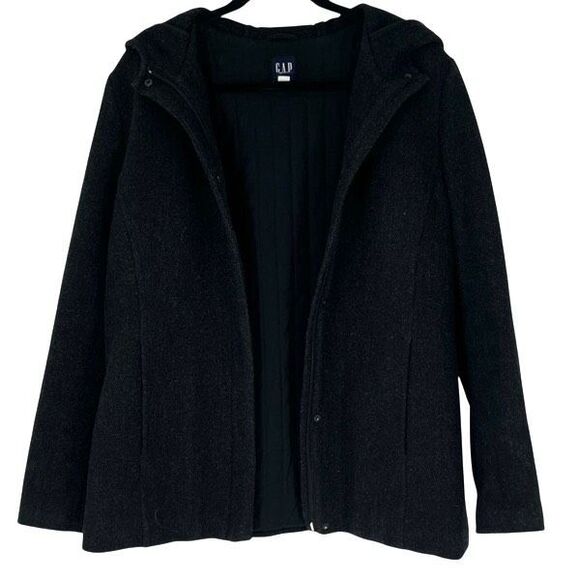 GAP Women’s Coat Size L Charcoal Hooded Recycled Wool Zip-Front Winter Jacket - Picture 7 of 16